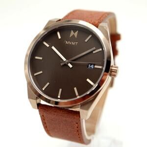MVMT Element Mens 43mm Brown Bronze Tone Date Watch Leather Strap w New Battery